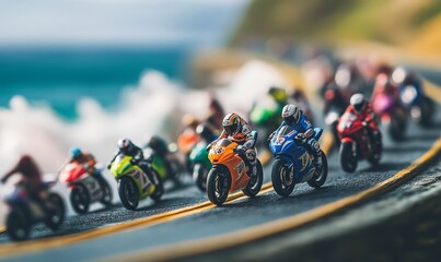 Obraz premium Toy motorcycles racing on a track.