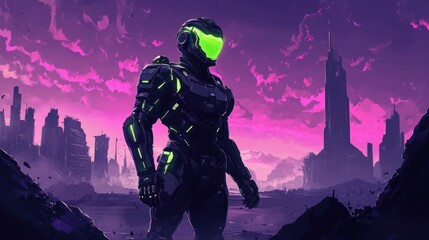 Fototapeta premium Cyberpunk Cityscape with Futuristic Suit