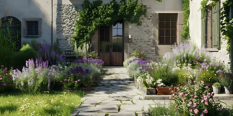 A serene garden pathway leads to a welcoming entrance adorned with vibrant flowers.