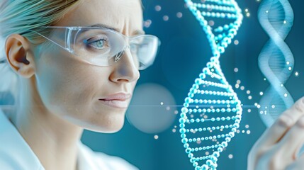 Scientist analyzing DNA structure with advanced technology in laboratory.