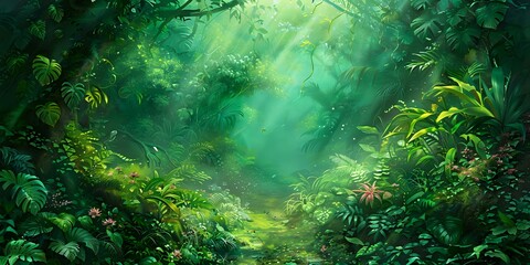 A serene forest scene with lush greenery and soft light filtering through the trees.