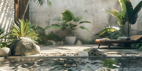 A serene indoor space featuring a pool, plants, and a lounge chair for relaxation.