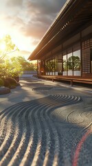 A serene Japanese garden with raked sand and a traditional wooden house at sunset.