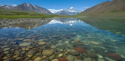 A serene landscape featuring a clear lake reflecting mountains and colorful pebbles.