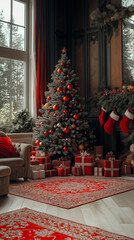 christmas background with gift boxes and christmas tree with copy space, Generative AI