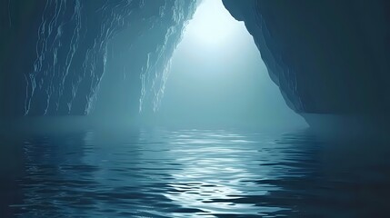 A serene cave with water reflecting soft light, creating a tranquil atmosphere.