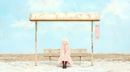 A young woman sits on a bench at a deserted bus stop, looking pensive as she waits.