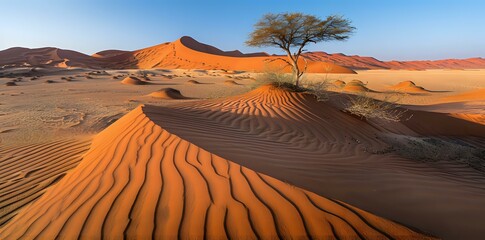 A serene desert landscape featuring rolling sand dunes and a solitary tree under a clear sky.