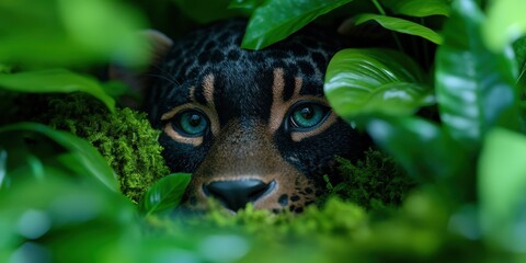Obraz premium Majestic Panther Eye Close Up in Lush Jungle Foliage