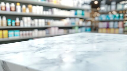 Marble countertop in focus with blurred pharmacy shelves in background, showcasing a modern drugstore interior. Clean, professional ambiance for healthcare products.