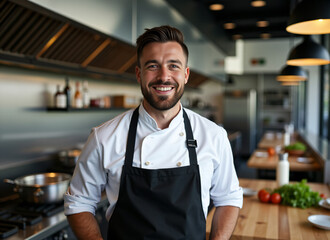 Fototapeta premium modern restaurant, kitchen, male chef, standing, smiling, food, work coffee, vegetables, roast, eat, dinner, breakfast, man chef