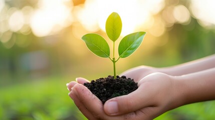 Hands gently holding a young green seedling in rich soil with sunlight background.