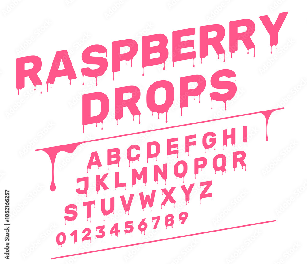 Fototapete viscous font. liquid melting alphabet. diagonally distorted letters and numbers with dripping drops.