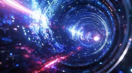 Fototapeta premium A spacecraft powered by 6G technology traveling through a wormhole on a mission to explore the farthest reaches of the universe.