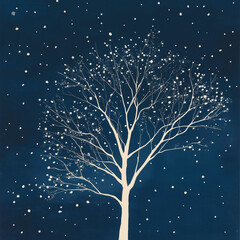 Bare tree covered in white snow, minimalist illustration on a dark blue background with snowflakes falling