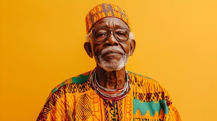Obraz premium Pensive Elderly African Man Wearing Traditional Dashiki Costume on Vibrant Ochre Background Portrait Shot of Senior Male with Contemplative Expression and Tribal Ethnic Attire