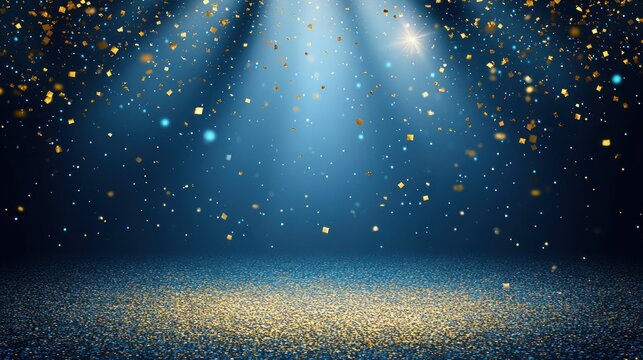 A sparkling stage with light beams and floating particles, creating a festive atmosphere.