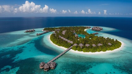 maldives luxury resort, beautiful sea, hotel, blue sky, top view, Made by AI,Artificial intelligence