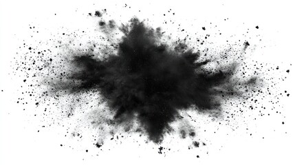 A black powder explosion effect on a white background, creating a dramatic visual impact.