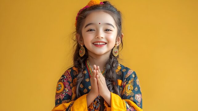 Mischievous young Nepali girl is playful and dressed in a traditional Nepali cholo and gunyu with lighting studio on plain sunshine yellow background  The girl is smiling happily
