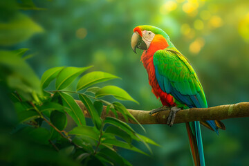 Obraz premium Red-fronted macaw perched on branch in lush tropical rainforest. oil painting, clip art