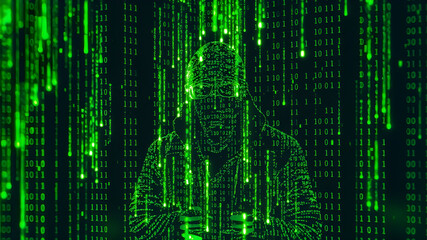Cyber Phantom with Glowing Green Code Background