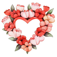 A heart-shaped floral arrangement featuring vibrant shades of red and pink flowers, complemented by green leaves against a transparent background.