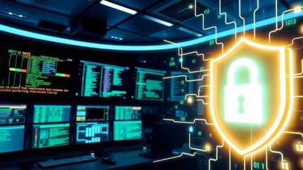 Cybersecurity Operations Center. A glowing lock icon overlaid on digital data streams and code interfaces symbolizes data protection within a security control room.