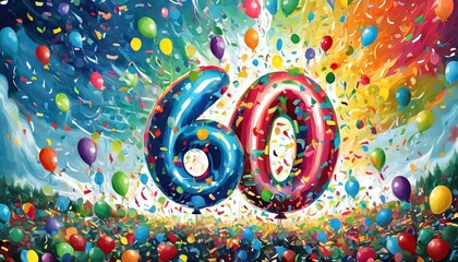 Birthday / anniversary balloon, number 60, colorful illustration with confetti and festive decoration