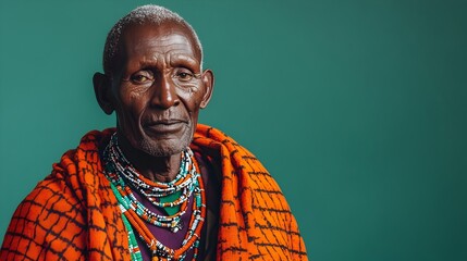 Close up portrait shot of a curious and inquisitive elderly Maasai man wearing a vibrant colorful beaded necklace and shawl against a plain emerald green studio background