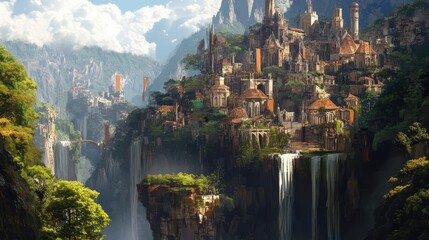 Fototapeta premium A City Built on Cliffs with Waterfalls and Lush Greenery