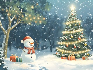 Fototapeta premium christmas tree with snowman 3