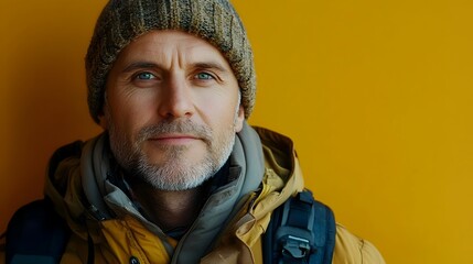 Portrait of a focused middle aged German man wearing rugged outdoor apparel including a jacket hat and scarf standing against a plain marigold background with copy space above