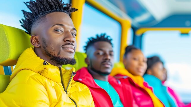 Group of friends in vibrant jackets traveling on a bus in winter.
