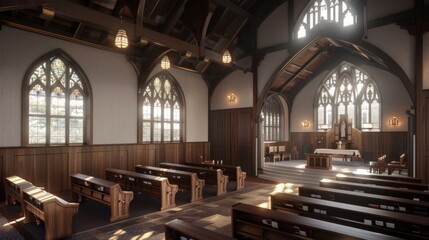 Tudor-style church interior with dark wood paneling, arched windows, cozy congregation area, inviting ambiance, rich historical architecture, warm community setting