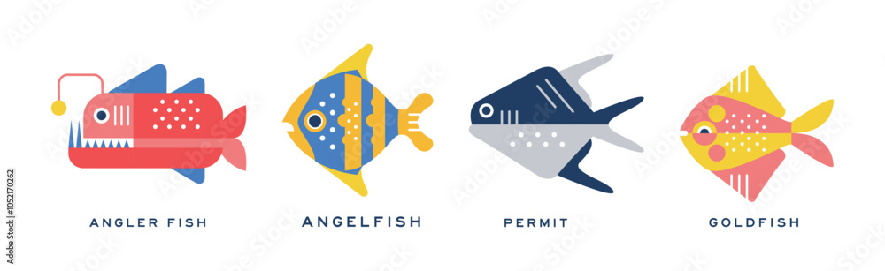 Poster different fish flat icon with name vector set