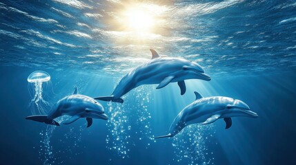 Naklejka premium Dolphins gracefully swimming under sunlight in an enchanting underwater paradise