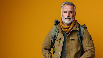 Fototapeta premium Portrait of a Middle aged Man Dressed in Rugged Outdoor Gear Exhibiting a Determined and Experienced Expression Against a Plain Marigold Background