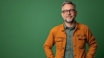 Full body portrait shot of a middle aged Canadian man dressed in a casual quirky ensemble posing playfully against a plain green studio backdrop with lighting and copy space above the subject