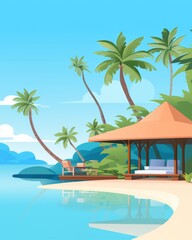 Fototapeta premium Idyllic Tropical Beach with PalmTrees, Sun Shelter, and Tranquil Turquoise Ocean Water
