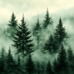 Fototapeta premium A serene forest wallpaper featuring tall pine trees with soft watercolor leaves in shades of green, set against a pale misty background generative ai (home decor)