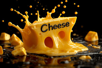 Cheese Font and Splash: "A creative typography design featuring the word 'Cheese' in an elegant font, with a splash of melted cheese cascading down from the letters. 