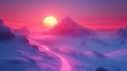 Fototapeta premium glowing pathway winding up a vibrant mountain landscape, leading to a peak with a fluttering flag symbolizing achievement. soft sunrise light illuminates the scene, creating a hopeful atmosphere