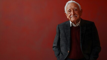 Portrait of a sophisticated mature Mexican gentleman wearing a classic well tailored suit appearing reflective and thoughtful against a plain eggplant background with copy space above the subject
