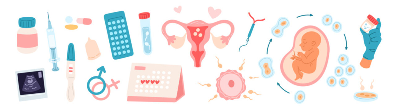 People fertility. Artificial insemination. Child conception. Gynecology and obstetrics elements. Reproductive function. Prenatal examining. Ultrasonic diagnostics. Garish vector set