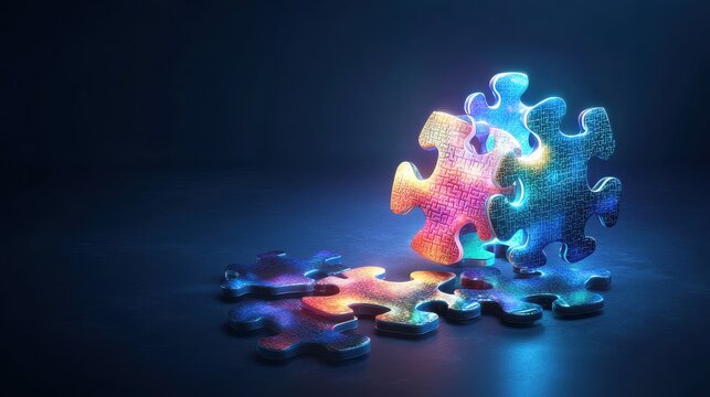 Creative digital round puzzle educational hologram on dark blue background. Microlearning and gamification concept. 3D Rendering