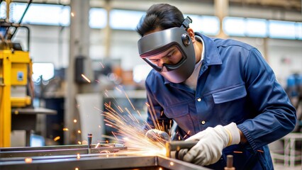 Indian Welder in Protective Gear - A welder working on metal components in a factory.
