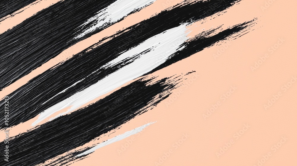 Poster dynamic abstract composition featuring bold black and white brush strokes on soft peach background f