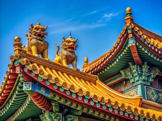 Fototapeta premium Two Lion Face Symbol on Chinese Temple Rooftop - Stunning Architectural Detail