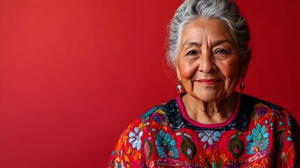 Obraz premium Portrait of a proud and confident Mexican matriarch wearing an ornate vibrant and culturally significant indigenous embroidered huipil against a plain scarlet red studio background